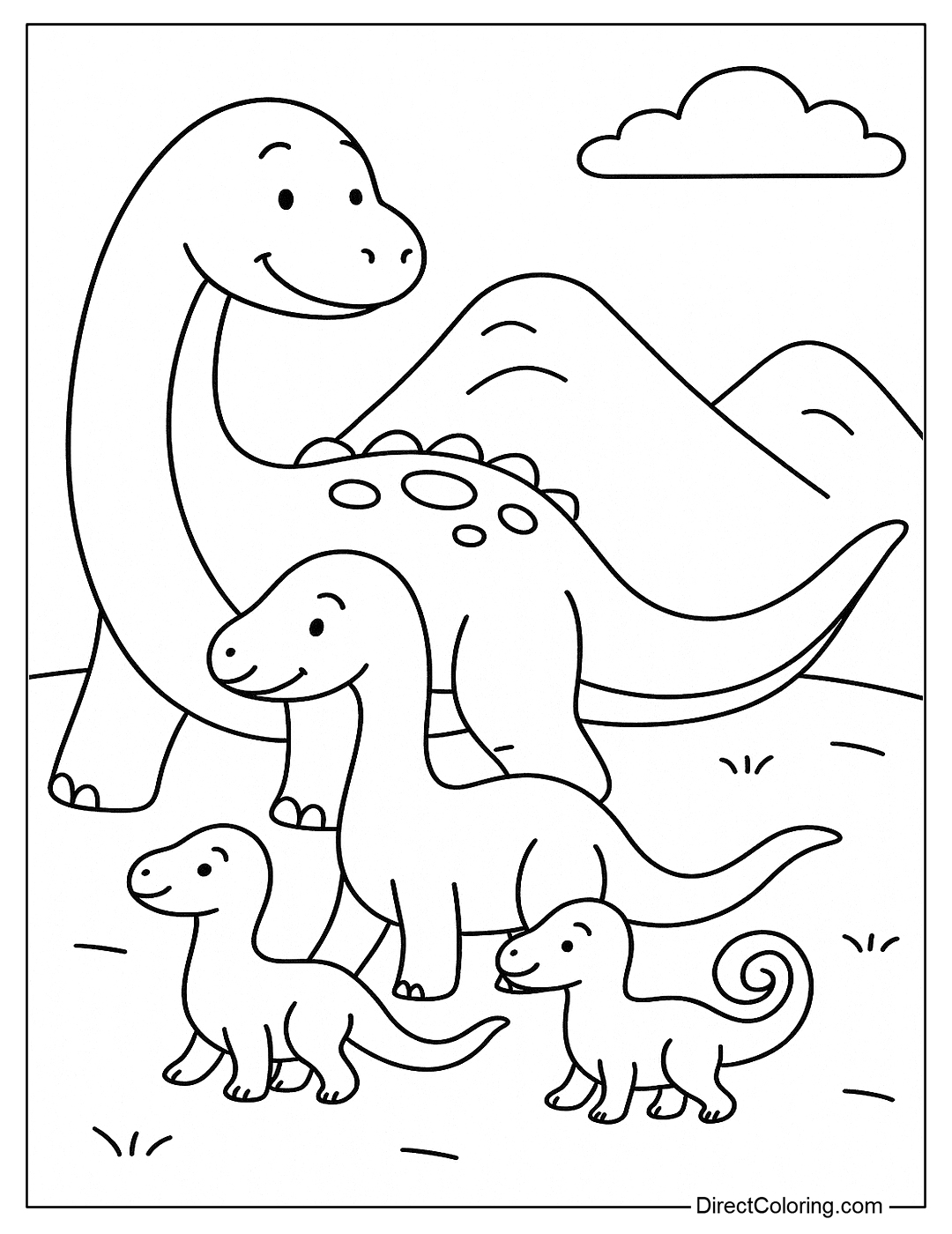 coloring page A dinosaur family is walking, with a big dinosaur father, a mother, and two curly-tailed children